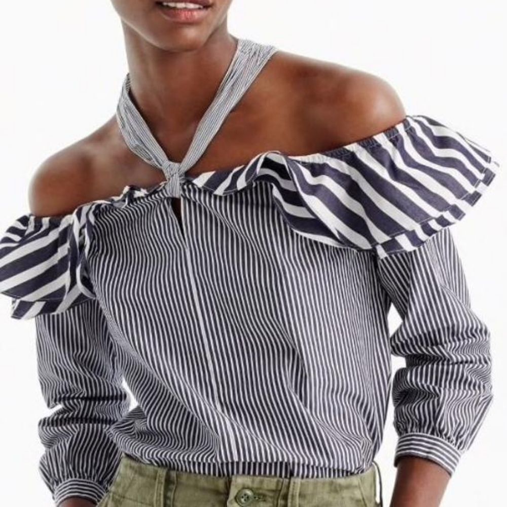 J. Crew Striped Off-The-Shoulder Tie-Neck Top